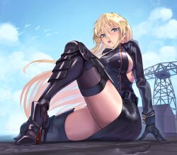 Rule 34 | 1girl, armored boots, azur lane, bismarck (azur lane), bismarck zwei (azur lane), black gloves, blonde hair, blue eyes, blue sky, boots, breasts, filin, giant, giantess, gloves, hair between eyes, harbor, highres, large breasts, long hair, looking at viewer, open mouth, outdoors, sideboob, sidelocks, signature, sitting, sky, solo, thighs