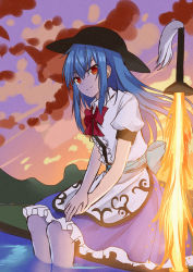 Rule 34 | 1girl, black hat, blue hair, blue skirt, bow, bowtie, closed mouth, cloud, frilled skirt, frills, hat, highres, hinanawi tenshi, holding, holding sword, holding weapon, long hair, looking at viewer, outdoors, red bow, red bowtie, red eyes, short sleeves, skirt, smile, solo, sugiyama ichirou, sword, sword of hisou, touhou, wading, weapon