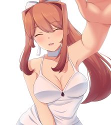 Rule 34 | 1girl, absurdres, bare shoulders, bow, breasts, brown hair, choker, cleavage, closed eyes, collarbone, contrapposto, doki doki literature club, dot nose, dress, facing viewer, hair between eyes, hair ornament, high ponytail, highres, large breasts, long bangs, mixed-language commentary, monika (doki doki literature club), multicolored hair, open mouth, orange hair, outstretched hand, raion (raionart), simple background, sleeveless, sleeveless dress, solo, teeth, two-tone hair, upper body, upper teeth only, white background, white bow, white choker, white dress