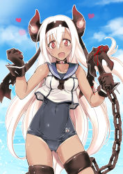 Rule 34 | 1girl, :d, abyssal ship, air defense princess, anchor, bad id, bad pixiv id, bare shoulders, black gloves, blood, blush, breasts, chain, cloud, collar, cosplay, covered navel, crop top, day, gloves, hair between eyes, hair ornament, hairband, heart, horns, kantai collection, long hair, looking at viewer, old school swimsuit, onaya masakazu, one-piece swimsuit, one-piece tan, open mouth, red eyes, ro-500 (kancolle) (cosplay), ro-500 (kancolle), sailor collar, school swimsuit, school uniform, sky, small breasts, smile, solo, sweat, swimsuit, swimsuit under clothes, tan, tanline, very long hair, water, white hair