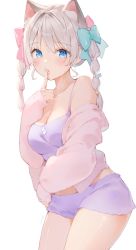 Rule 34 | 1girl, amanagi el, animal ears, bare shoulders, blouse, blue eyes, bow, braid, breasts, camisole, cat ears, cat girl, cleavage, collarbone, cowboy shot, crop top, finger to mouth, hair bow, hand up, highres, indie virtual youtuber, jacket, kinako (shiratama mochi), long hair, long sleeves, looking at viewer, medium breasts, midriff, off shoulder, open clothes, open jacket, pink jacket, purple shirt, purple shorts, shirt, short shorts, shorts, silver hair, simple background, sleeveless, sleeveless shirt, solo, spaghetti strap, thighs, twin braids, twintails, virtual youtuber, white background