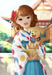 Rule 34 | 1girl, :o, animal, antweiyi, architecture, bad id, bad pixiv id, blue eyes, blue kimono, blurry, blurry background, bow, brown hair, curly hair, day, dog, east asian architecture, hair bow, happy new year, holding, holding animal, holding dog, japanese clothes, kimono, medium hair, nengajou, new year, open mouth, original, outdoors, polka dot, red bow, solo, upper body