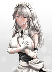Rule 34 | 1girl, absurdres, azur lane, blush, breasts, charybdis (azur lane), cleavage, closed mouth, elbow gloves, gloves, grey background, grey eyes, grey hair, hand on own chest, highres, large breasts, long hair, looking at viewer, maid, maid headdress, naga (pixiv70891418), necktie, smile, solo, standing, white gloves