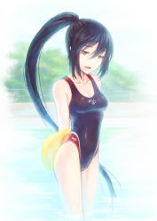 Rule 34 | absurdres, black hair, competition swimsuit, fang, fictional persona, highres, kickboard, long hair, one-piece swimsuit, original, ponytail, self-portrait, solo, swimsuit, tda, very long hair, yellow eyes