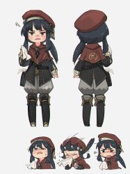 Rule 34 | 1girl, bag, belt, black hair, blush, brown capelet, capelet, commentary, english commentary, handkerchief, hat, highres, long hair, long sleeves, multiple views, nose blush, original, porforever, puffy pants, shoulder bag, sick, simple background, sneezing, snot trail, squiggle, white background, yellow eyes