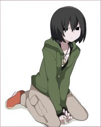 Rule 34 | 1girl, arms between legs, black eyes, black hair, border, closed mouth, full body, green hoodie, grey pants, hair between eyes, hammer (sunset beach), highres, hood, hoodie, jewelry, long sleeves, monogatari (series), necklace, oshino ougi, pants, peace symbol, pouch, purple border, red footwear, shirt, shoes, short hair, sitting, solo, white background, white shirt