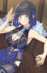 Rule 34 | 1girl, alcohol, asymmetrical hair, bare arms, bead choker, black hair, blue hair, blush, breasts, cleavage, coat, couch, diagonal bangs, drink, fur-trimmed coat, fur trim, genshin impact, green eyes, highres, hip vent, holding, holding drink, looking at viewer, mole, mole on breast, multicolored hair, neck tassel, o-los, sitting, smile, solo, two-tone hair, whiskey, white coat, yelan (genshin impact)