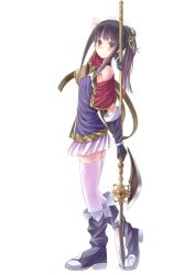 Rule 34 | 1girl, atelier (series), atelier totori, bad id, bad pixiv id, black gloves, black hair, boots, brown eyes, female focus, full body, gloves, gust, hair ornament, hairpin, kino (kino buro), knee boots, long hair, mimi houllier von schwarzlang, polearm, sidelocks, skirt, solo, spear, thighhighs, thighhighs under boots, weapon, white thighhighs
