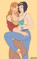 Rule 34 | 2girls, black hair, blush, breasts, cleavage, cosplay, costume switch, cowboy bebop, crossover, faye valentine, highres, kalruna, large breasts, multiple girls, nami (one piece), one piece, orange hair, sandals, smile
