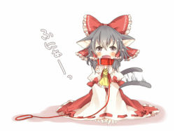 Rule 34 | 1girl, animal ears, ascot, bad id, bad pixiv id, black hair, blush, bow, cat ears, cat girl, cat tail, collar, detached sleeves, dress, fang, female focus, full body, grey eyes, hair bow, hair tubes, hakurei reimu, japanese clothes, kemonomimi mode, leash, miko, open mouth, pasutel, red dress, ribbon, sitting, solo, tail, tail ornament, tail ribbon, touhou, translation request, v arms, white background