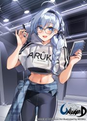 Rule 34 | 1girl, :d, ahoge, black-framed eyewear, black pants, black shirt, blouse, blue eyes, bow, braid, breasts, ceiling light, clothes around waist, clothes writing, cowboy shot, crop top, crop top overhang, drawstring, glasses, hair bow, hair over shoulder, hairband, hands up, highres, holding, hood, hood down, hoodie, indoors, jacket, jacket around waist, large breasts, long hair, looking at viewer, midriff, mo:oku, mole, mole under eye, navel, notebook, official art, open mouth, pants, pen, plaid, shirt, short sleeves, single braid, smile, solo, standing, stomach, undershirt, unleashed, unmoving pattern, watermark, white hair, white hoodie, yoga pants