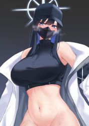 Rule 34 | absurdres, baseball cap, black hair, black hat, black mask, black shirt, blue archive, blue eyes, bottomless, breasts, buckle, chest harness, crop top, halo, harness, hat, highres, jacket, long hair, mask, medium breasts, midriff, mouth mask, navel, no panties, off shoulder, saori (blue archive), shirt, simple (ejhe3475), sleeveless, sleeveless shirt, snap-fit buckle, sweat, white jacket