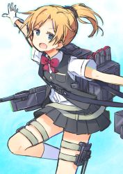 Rule 34 | 10s, 1girl, aqua eyes, backpack, bag, blonde hair, blush, collared shirt, gloves, ka-no, kantai collection, long hair, maikaze (kancolle), open mouth, outstretched arms, personification, school uniform, serafuku, shirt, skirt, smile, solo, spread arms, thigh strap, vest, white gloves