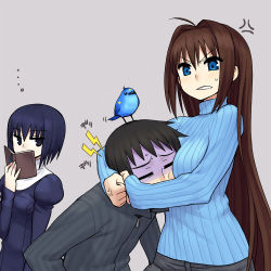 Rule 34 | ..., 1boy, 2girls, = =, ahoge, anger vein, animal, animal on head, aozaki aoko, asphyxiation, bird, bird on head, black hair, blue eyes, blue hair, blue sweater, book, breast smother, brown hair, chan co, clenched teeth, closed eyes, covering face, covering own mouth, covering privates, denim, face to breasts, grey background, jitome, kuonji alice, long hair, looking at viewer, mahou tsukai no yoru, multiple girls, on head, ribbed sweater, shizuki soujuurou, short hair, strangling, sweater, teeth, turn pale, veins