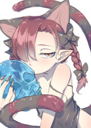 Rule 34 | 1girl, animal ears, bare shoulders, bow, braid, brown eyes, cat ears, cat girl, cat tail, extra ears, female focus, hair over one eye, kaenbyou rin, long hair, multiple tails, mutsutsu, nekomata, pointy ears, red hair, ribbon, skull, solo, strap slip, striped, striped tail, tail, touhou, twin braids, upper body