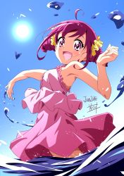 Rule 34 | 1girl, 2018, :d, ahoge, bad id, bad pixiv id, blue sky, dated, day, double bun, hair bun, highres, hoshizora miyuki, looking at viewer, nii manabu, open mouth, outstretched arm, partially submerged, pink eyes, pink hair, precure, short hair, sky, sleeveless, smile, smile precure!, solo, sun, wading, water
