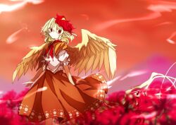 Rule 34 | 1girl, bird wings, blonde hair, closed mouth, commentary, dress, flower, looking at viewer, multicolored hair, neckerchief, niwatari kutaka, one-hour drawing challenge, orange dress, outdoors, red eyes, red flower, red hair, red neckerchief, red sky, short hair, sky, solo, souko illust, spider lily, touhou, two-tone hair, wings, yellow wings