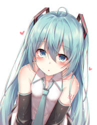Rule 34 | 1girl, :o, ahoge, akira (been0328), bad id, bad pixiv id, black skirt, black sleeves, blue eyes, blue necktie, blush, collared shirt, commentary request, detached sleeves, green hair, hair between eyes, hatsune miku, heart, long hair, long sleeves, looking at viewer, necktie, parted lips, pleated skirt, shirt, simple background, skirt, sleeveless, sleeveless shirt, solo, twintails, upper body, vocaloid, white background, white shirt