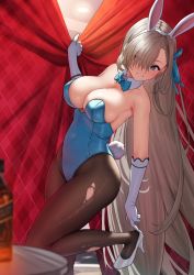 Rule 34 | 1girl, absurdly long hair, animal ears, asuna (blue archive), asuna (bunny) (blue archive), black pantyhose, blue archive, blue eyes, blue leotard, bow, bowtie, breasts, cleavage, detached collar, fake animal ears, grey hair, highres, large breasts, leg up, leotard, long hair, looking at viewer, mole, mole on breast, one eye covered, pantyhose, playboy bunny, rabbit ears, rabbit tail, solar (happymonk), thighs, torn clothes, torn legwear, traditional bowtie, very long hair