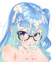 Rule 34 | 1girl, asymmetrical hair, bad id, bad pixiv id, bespectacled, black-framed eyewear, blue eyes, blue hair, blue nails, blush, bukkake, commentary, cum, cum on body, cum on eyewear, cum on hair, cum string, excessive cum, facial, glasses, grin, hair between eyes, hand to own mouth, heart, heart-shaped pupils, hololive, hoshimachi suisei, komipe512, light blue hair, lips, looking at viewer, nail polish, portrait, semi-rimless eyewear, side ponytail, simple background, smile, solo, star (symbol), star in eye, symbol-shaped pupils, symbol in eye, virtual youtuber, wavy hair, white background