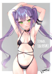 Rule 34 | 1girl, arm strap, arms behind head, arms up, bad id, bad twitter id, bare arms, bikini, black bikini, black choker, blush, breasts, character name, choker, commentary request, cowboy shot, fang, green eyes, hair ornament, hairclip, highres, hololive, izumi kei, long hair, looking at viewer, medium breasts, multicolored hair, navel, parted lips, pink hair, purple hair, signature, skin fang, smile, solo, standing, stomach, streaked hair, swimsuit, tokoyami towa, twintails, very long hair, virtual youtuber, wet