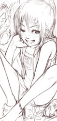Rule 34 | 1girl, anklet, barefoot, blue hair, fangs, feet, greyscale, grin, inugoro, inumaro (inugoro), jewelry, monochrome, one eye closed, ponytail, sketch, smile, solo, teeth, water, wink, yellow eyes