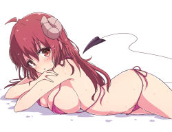 Rule 34 | 1girl, bikini, bikini day, breasts, commentary request, curled horns, demon girl, demon horns, demon tail, horns, large breasts, looking at viewer, lying, machikado mazoku, mel (melty pot), on stomach, red eyes, red hair, simple background, solo, swimsuit, tail, wet, wet hair, white background, yoshida yuuko (machikado mazoku)