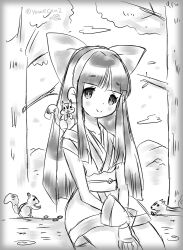 1girl ainu_clothes artist_name black_hair breasts fingerless_gloves forest gloves hair_ribbon hands_on_legs hands_on_own_legs hands_on_own_thighs hands_on_thighs highres legs long_hair looking_at_viewer monochrome nakoruru nature pants ribbon samurai_spirits small_breasts smile snk solo squirrel the_king_of_fighters thighs yumecan2