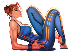 Rule 34 | 1girl, absurdres, antenna hair, biceps, bodysuit, breasts, brown eyes, brown hair, calvin sims, capcom, chun-li, commentary, double bun, earrings, english commentary, hair bun, highres, jewelry, large breasts, lips, long legs, looking at viewer, lying, nose, short hair, sideways glance, sleeveless, sleeveless bodysuit, soles, solo, stirrup legwear, street fighter, street fighter zero (series), striped, studded bracelet, toeless legwear, toes, vertical stripes