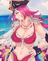 Rule 34 | 10s, 1girl, beach, bikini, blue eyes, breasts, cleavage, fate/extra, fate/grand order, fate (series), francis drake (fate), fur, hat, jewelry, large breasts, long hair, navel, necklace, ocean, pink hair, scar, smile, solo, swimsuit