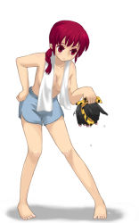 Rule 34 | 1girl, barefoot, braid, convenient censoring, feet, gender request, genderswap, hand on own hip, hibiki ryouga, holding, p-chan, pig, ranma-chan, ranma 1/2, red eyes, red hair, saotome ranma, shadow, shie (jackmarumaru), shorts, simple background, single braid, solo, standing, topless, towel, towel over breasts, wet, wet hair, white background