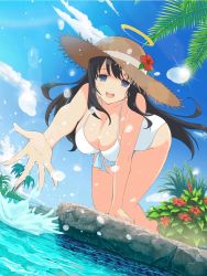Rule 34 | 1girl, bare legs, bare shoulders, barefoot, beach, black hair, blue eyes, breasts, cleavage, feet, flower, halo, hat, highres, kneeling, large breasts, legs, long hair, looking at viewer, one-piece swimsuit, open hand, open mouth, outdoors, ryouki (senran kagura), senran kagura, sideboob, smile, solo, straw hat, summer, swimsuit, thighs, water, white one-piece swimsuit