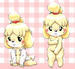 Rule 34 | 1girl, animal crossing, animal ears, animal hands, bell, black eyes, blonde hair, blush, bottomless, breasts, covering breasts, covering crotch, covering privates, dog ears, dog tail, feet, female focus, full body, furry, furry female, furuya muku, hair bell, hair ornament, hair tie, isabelle (animal crossing), jingle bell, jpeg artifacts, looking at viewer, multiple views, navel, nervous, nintendo, no humans, nude, open clothes, open shirt, pink background, shirt, short hair, shy, simple background, sitting, small breasts, standing, sweat, tail, wariza, white shirt