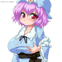 Rule 34 | 1girl, breasts, grabbing, grabbing another&#039;s breast, grabbing own breast, hat, japanese clothes, large breasts, pink hair, red eyes, saigyouji yuyuko, short hair, simple background, solo, touhou, triangular headpiece, waribashi-p, white background