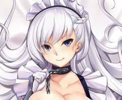 Rule 34 | 1girl, ass, azur lane, bed, bed sheet, belfast (azur lane), blue eyes, blush, breasts, cleavage, closed mouth, collarbone, dakimakura (medium), elbow gloves, gloves, large breasts, long hair, looking at viewer, maid, maid headdress, midriff, navel, tongue, tongue out, tony guisado, upper body, very long hair, white hair