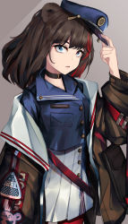 Rule 34 | 1girl, animal ears, arknights, bag, bear ears, blue eyes, blue hat, blue shirt, brown background, brown hair, brown jacket, choker, commentary, cowboy shot, dress shirt, hand on headwear, hand up, hat, high-waist skirt, highres, jacket, long hair, looking at viewer, multicolored hair, official alternate costume, open clothes, open jacket, pantyhose, parted lips, peaked cap, pleated skirt, red pantyhose, shirt, skirt, solo, strap, streaked hair, wakamepiza, white skirt, wing collar, zima (arknights), zima (ready to go) (arknights)