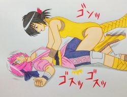 Rule 34 | 2girls, cunt punt, highres, hoshino chiyoru, kasumi tsuji, leotard, multiple girls, pain, pink hair, ryona, tagme, wrestle angels, wrestler, wrestling, yuukoku