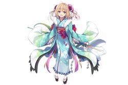 Rule 34 | 1girl, ahoge, blonde hair, blush, detached sleeves, floral print, flower knight girl, full body, fur trim, gradient clothes, green eyes, hair ornament, holding, japanese clothes, kimono, looking at viewer, obi, official art, open mouth, sandals, sash, short hair, smile, snowdrop (flower knight girl), snowflake print, standing, tabi, tomose shunsaku, transparent background, white legwear, wide sleeves