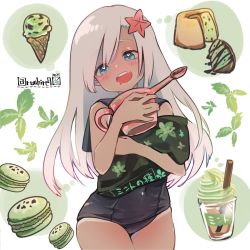 Rule 34 | 1girl, blue eyes, blue one-piece swimsuit, blush, cup, dated, dessert, disposable cup, drinking straw, food, grey hair, heart, heart-shaped pupils, holding, holding watering can, ice cream, ice cream cone, kantai collection, leaf, long hair, macaron, mint, one-piece swimsuit, open mouth, ro-500 (kancolle), ruohire9, sailor collar, saliva, simple background, solo, starfish, starfish hair ornament, swimsuit, symbol-shaped pupils, tan, tanline, twitter username, two-tone background, watering can, whipped cream