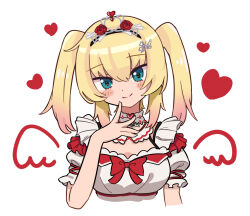 Rule 34 | 1girl, akai haato, akai haato (6th costume), aqua eyes, arm at side, blonde hair, blush, bow, bowtie, choker, closed mouth, cropped arms, cropped torso, crown, detached collar, dot nose, drawn wings, finger to own chin, flower, frilled choker, frilled sleeves, frills, gradient hair, hand up, head tilt, heart, highres, hololive, layered sleeves, looking at viewer, multicolored hair, official alternate costume, puffy sleeves, red bow, red bowtie, red flower, red rose, rose, shirt, sidelocks, simple background, smile, solo, square neckline, tied sleeves, upper body, uzumakiosushi, virtual youtuber, white background, white choker, white shirt