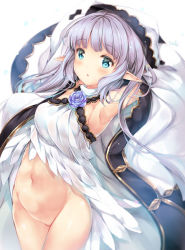 Rule 34 | 10s, 1girl, alternate costume, armpits, arms behind head, bad id, bad pixiv id, blue eyes, bottomless, breasts, cloak, colored eyelashes, cowboy shot, dress, granblue fantasy, groin, hood, hooded cloak, lily (granblue fantasy), looking at viewer, navel, open mouth, pointy ears, pussy, silver hair, small breasts, solo, suihi, thighs, white dress