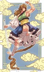 Rule 34 | 1girl, absurdres, bandaged arm, bandaged leg, bandages, barefoot, brown hair, cloud, detached sleeves, dress, frilled dress, frills, green dress, highres, holding, holding test tube, low twintails, monkey girl, monkey tail, multicolored clothes, multicolored dress, muscular, muscular female, prehensile tail, red eyes, single-shoulder dress, single detached sleeve, smile, son biten, tail, test tube, touhou, twintails, ultragruntyy, white sleeves, yellow dress