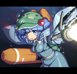 Rule 34 | 1980s (style), 1girl, between breasts, blue eyes, blue hair, blush stickers, breasts, bubble, energy beam, covered erect nipples, female focus, gundam, gundam 0080, hair bobbles, hair ornament, hat, hygogg, kawashiro nitori, key, letterboxed, matching hair/eyes, mecha musume, navel, retro artstyle, open mouth, retro artstyle, ruku rx, solo, touhou, twintails, two side up, underwater