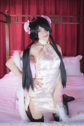 Rule 34 | 1girl, artist request, asian, bare shoulders, bed, bedroom, black hair, black thighhighs, blurry, bun cover, china dress, chinese clothes, color contacts, cosplay, date a live, depth of field, double bun, dress, feather boa, hair bun, hair over one eye, halter dress, halterneck, hand on own hip, indoors, kneeling, lace, lace-trimmed legwear, lace trim, long hair, looking at viewer, makeup, mascara, no shoes, on bed, parted lips, photo (medium), pillow, red eyes, short china dress, sleeveless, sleeveless dress, solo, thighhighs, tokisaki kurumi, tokisaki kurumi (cosplay), twintails, zettai ryouiki
