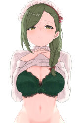 Rule 34 | 1girl, absurdres, blush, bra, braid, breasts, cleavage, clothes lift, embroidered bra, fingernails, green bra, green eyes, green hair, hair ribbon, heart, heart-shaped pupils, highres, idolmaster, idolmaster shiny colors, interlocked fingers, lace, lace-trimmed bra, lace trim, large breasts, looking at viewer, maid headdress, nanakusa hazuki, navel, own hands together, ribbed sweater, ribbon, shignonpencil, simple background, single sidelock, solo, stomach, sweater, sweater lift, swept bangs, symbol-shaped pupils, underwear, upper body, white background, white sweater