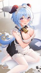 Rule 34 | 1girl, absurdres, apron, blue hair, blush, breasts, embarrassed, fukuro daizi, ganyu (genshin impact), genshin impact, highres, horns, large breasts, long hair, long image, looking at viewer, maid, maid apron, maid headdress, milk, milk on breasts, pantyhose, purple eyes, solo, spill, tall image, tears, wavy mouth, white pantyhose
