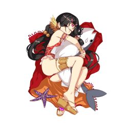 Rule 34 | 1girl, anklet, armlet, ass, bare shoulders, black hair, bracelet, casual one-piece swimsuit, fish, full body, hair ornament, honkai (series), honkai impact 3rd, jewelry, jixuanyuan, long hair, official art, one-piece swimsuit, one eye closed, orange eyes, red one-piece swimsuit, sandals, starfish, swimsuit, thighlet, third-party source, transparent background