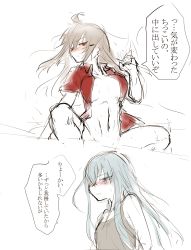 Rule 34 | 2girls, absurdres, agtt25333, blue eyes, blush, breasts, comic, gangut (kancolle), grey hair, hair ornament, hairclip, hibiki (kancolle), highres, kantai collection, large breasts, long hair, multiple girls, red shirt, shirt, simple background, translated, underwear, undressing, verniy (kancolle), white background, yuri