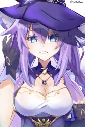 Rule 34 | 1girl, absurdres, arm up, artist name, bimmy, black gloves, blue eyes, book, braid, breasts, capelet, choujigen game neptune, cleavage, commentary, cosplay, dress, english commentary, genshin impact, gloves, grin, hair between eyes, hat, highres, holding, holding book, lisa (genshin impact), lisa (genshin impact) (cosplay), long hair, looking at viewer, medium breasts, neptune (series), power symbol-shaped pupils, purple capelet, purple dress, purple hair, purple heart (neptunia), sidelocks, simple background, smile, solo, symbol-shaped pupils, tanaka rie, twin braids, voice actor connection, white background, witch hat