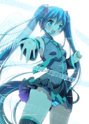 Rule 34 | 1girl, :d, aqua eyes, aqua hair, bad id, bad tumblr id, beamed quavers, blush, cameltoe, detached sleeves, hatsune miku, headset, highres, long hair, looking at viewer, march-bunny, musical note, necktie, open mouth, outstretched arm, panties, pleated skirt, quaver, simple background, skirt, smile, solo, staff (music), striped clothes, striped panties, thighhighs, twintails, underwear, very long hair, vocaloid, wings, zettai ryouiki